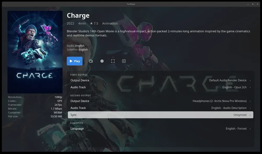 TinePlayer's media page for the film Charge. The first output sends the English soundtrack to the default speakers; the second output sends the English audio description to headphones.